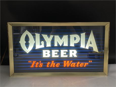 RARE 1950S OLYMPIA LIGHT UP TAVERN BEER SIGN W/ETCHED GLASS & REVERSE PAINTED