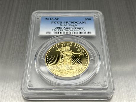 HIGH GRADE 1 OZ FINE GOLD $50 USA GOLD EAGLE COIN - PCGS PR70DCAM