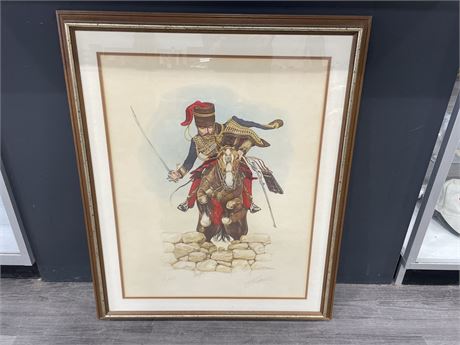 VINTAGE SIGNED PRINT J.PRITCHARD OF MILITARY SOLDIER ON HORSE 29”x35”