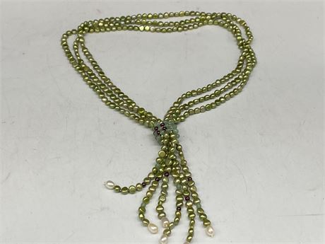 GREAT TRIPLE STRAND OF PEARLS & GEM STONE BEADS NECKLACE