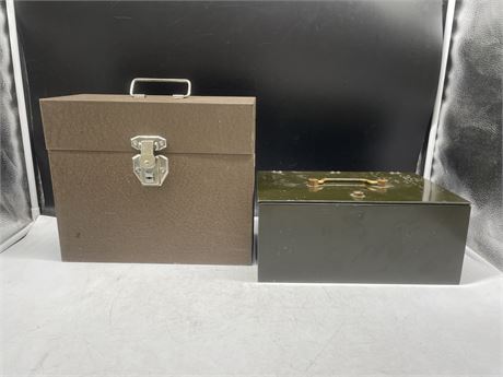 MILITARY GREEN ANTIQUE STRONG BOX & METAL RECORD BOX