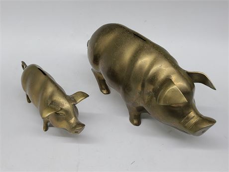 2 BRASS PIGS COIN BANKS (6.5" & 3.5" Height)