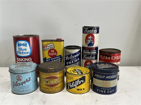 10 VINTAGE TINS & CANS - LARGEST IS 9”
