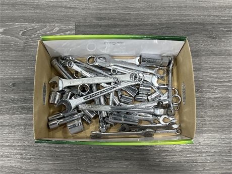 SMALL BOX OF WRENCHES & SOCKETS