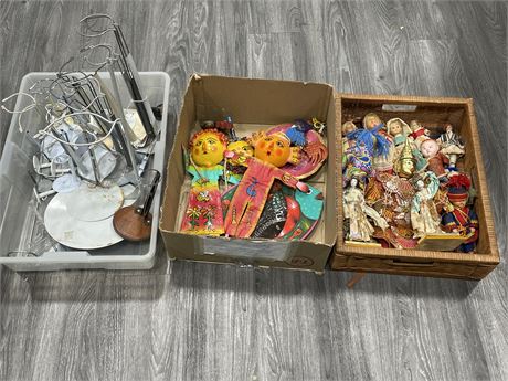 BOX OF DOLL STANDS & 2 BOXES OF ANTIQUE DOLLS