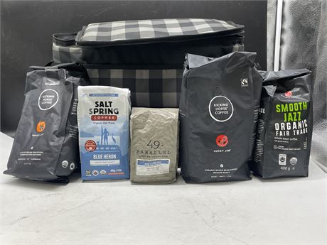 ROOTS BAG WITH 5 BAGS OF MISC COFFEE