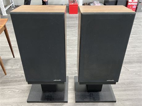 2 POLK AUDIO MONITOR 7 SPEAKERS W/ORIGINAL STANDS (35” tall on stands)