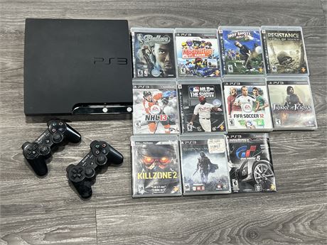 PS3 W/11 GAMES & CONTROLLERS - NO CORDS