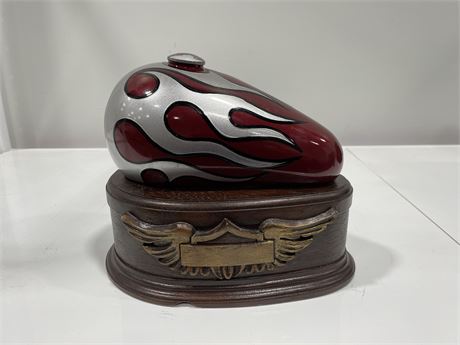 BORN TO RIDE MOTORCYCLE GAS TANK CREMATION URN (HARLEY TAGS - MADE IN CHIGACO)