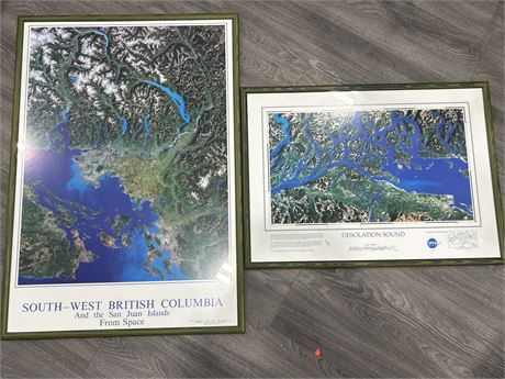 2 FRAMED AERIAL PHOTOS OF BC - LARGER IS 26” X 36”
