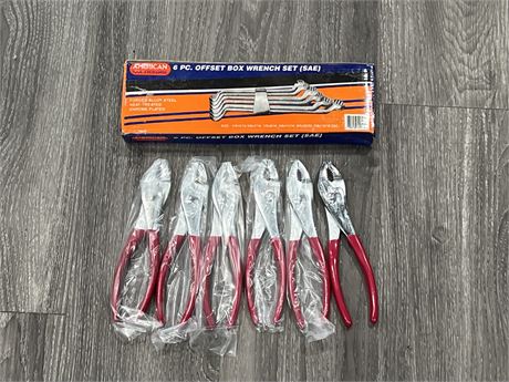 NEW 6PC OFFSET BOX WRENCH SET + 6 NEW PLIERS