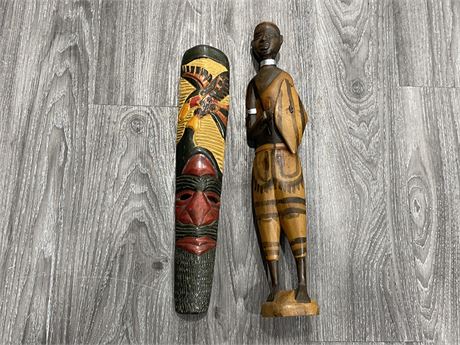 VINTAGE AFRICAN WOOD SCULPTURE (No spear) & SOUTH AMERICAN MASK (20”)