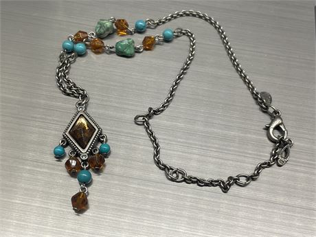 SILVER W/NATURAL TURQUOISE AND GLASS BEADS MYKA NECKLACE