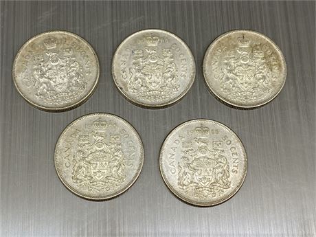 5 VINTAGE CANADIAN SILVER 50 CENT COINS