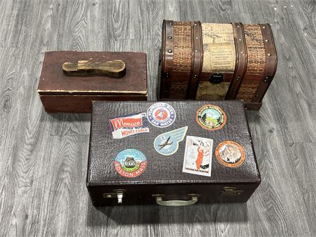 VINTAGE SUITCASE, OLD WOOD SHOE SHINING BOX & WOODEN CHEST