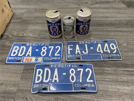 3 1980’S BC LICENSE PLATES & VINTAGE BEER CANS