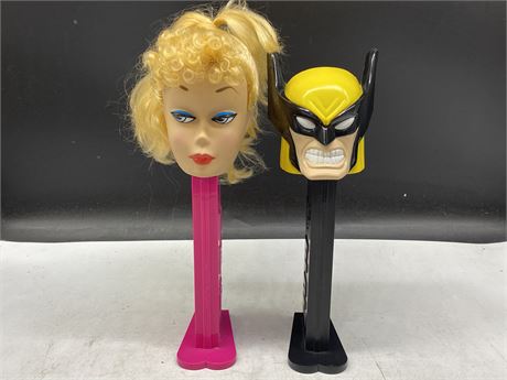2 GIANT PEZ DISPENSERS - BARBIE & WOLVERINE (14” TALL)