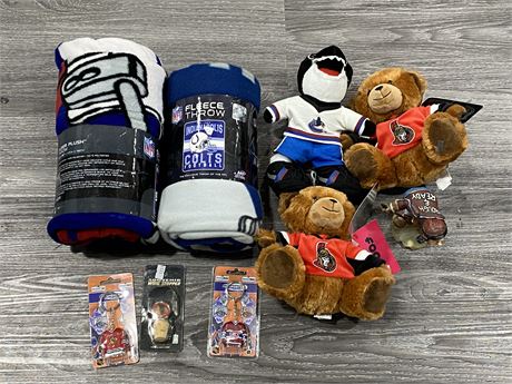 SPORTS COLLECTABLES, FLEECE THROWS, & STUFFIES