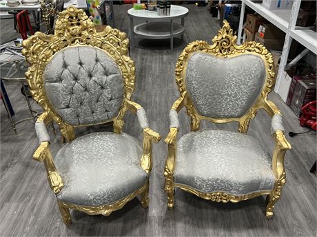 2 GILDED GOLD CUSHIONED CHAIRS (Tallest is 50”)