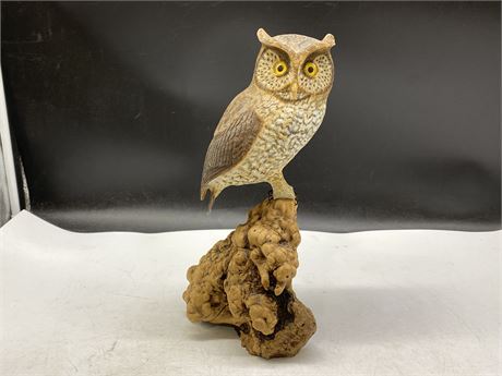 HAND CARVED WOOD OWN ON BURL STAND - 12” TALL