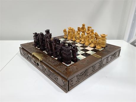 ASIAN ORIENTAL HAND CARVED CHESS SET INLAID TILES / WOOD DRAWERS