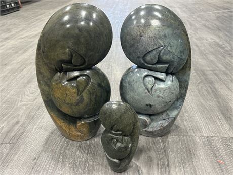 3 HANDCARVED SOAPSTONE SCULPTURES -  KISSING FACE SCULPTURES  - LARGEST ARE 1FT