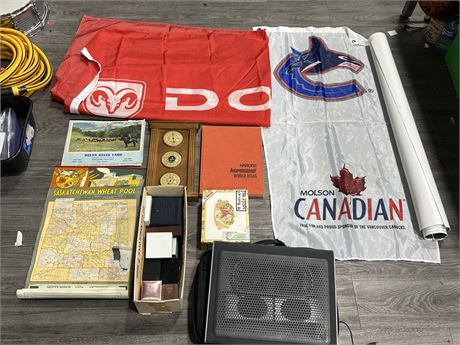 LOT OF MISC ITEMS - FLAGS, VINTAGE CALENDARS, ETC