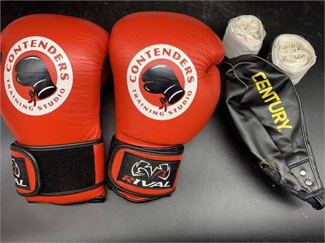 BOXING GLOVES, HAND WRAPS AND SPEED BAG