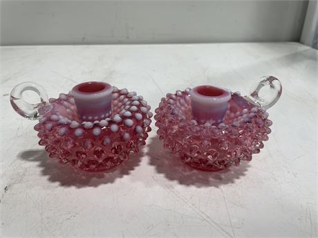 2 CRANBERRY FENTON CANDLE HOLDERS