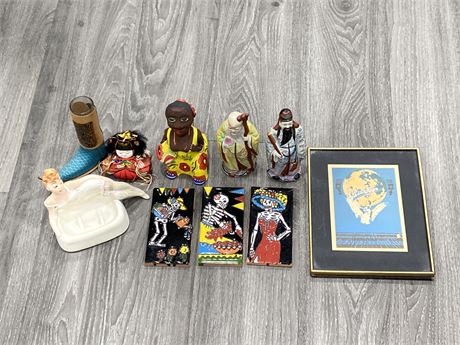 VINTAGE SMALLS LOT - CHINESE PORCELAIN FIGURES, MINI POSTER, SIGNED ASHTRAY, ECT