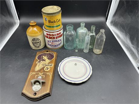 VINTAGE COLLECTABLE BOTTLES - TINS - RCAF PLATE - ECT