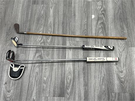 2 RIGHT HANDED GOLF PUTTERS W/SUPER STROKE GRIPS & VINTAGE GOLF CLUB