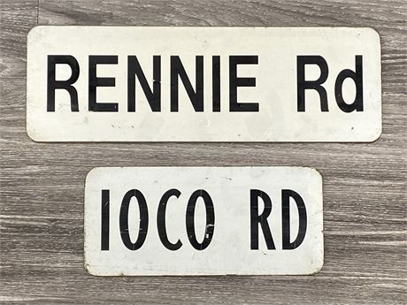 VINTAGE LOCO & RENNIE ROAD METAL SIGNS (LARGEST IS 18”X6”)