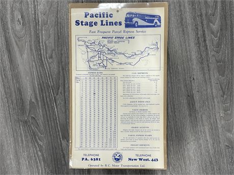 EARLY CARDBOARD PACIFIC STAGE LINES NEW WESTMINISTER ADVERTISEMENT