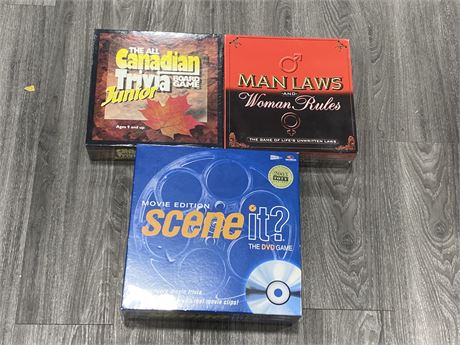 3 SEALED GAMES - SCENE IT DVD GAME, MAN LAWS & WOMAN RULES, CANADIAN TRIVIA