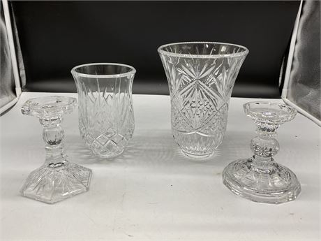 2 CRYSTAL VASES & 2 CRYSTAL CANDLE HOLDERS