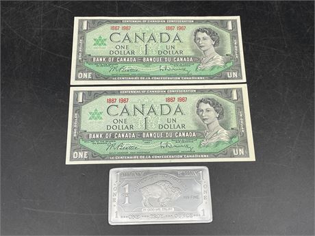 (2) $1 1967 CANADIAN BILLS / 1 TROY OZ OF ALUMINUM