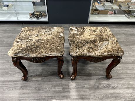 PAIR OF HEAVY STONE SIDE TABLES - 30”x30”x25”