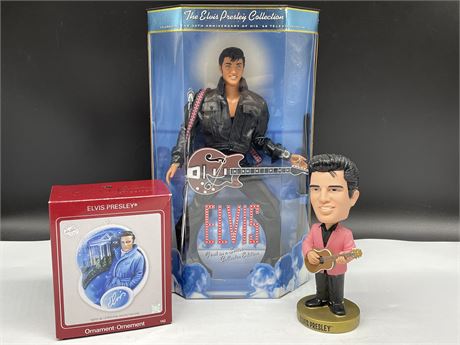 2001 ELVIS DOLL BY MATTEL & 2 ELVIS HOLIDAY ORNAMENTS (12” TALLEST)