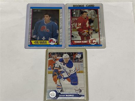 CONNOR MCDAVID 2ND YEAR CARD & FLEURY/SAKIC ROOKIE CARDS