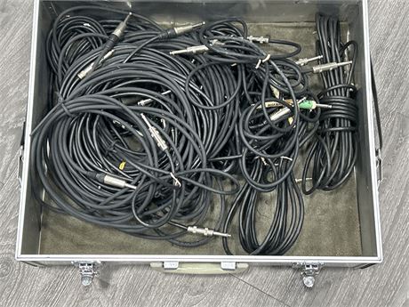 LOT OF 15+ GUITAR CABLES IN METAL TRAVEL CASE