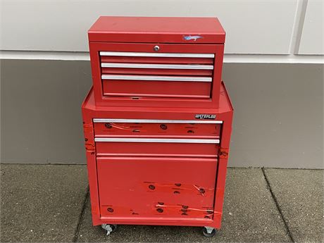 ROLLING WATERLOO TOOL BOX FULL OF TOOLS (No key for top drawer, 44” tall)