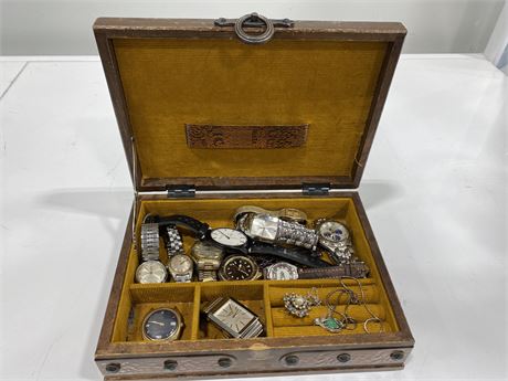 BOX WITH 11 WATCHES & MISC JEWELRY (1 necklace is 925)