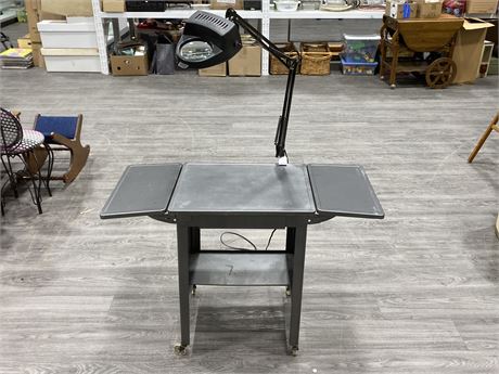 INDUSTRIAL TABLE W/CLAMP MAGNIFIER LAMP (TABLE ALONE IS 38”X26.5”)