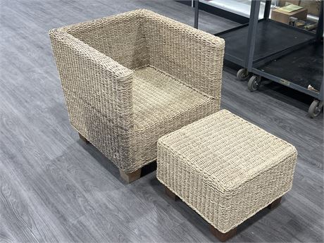 BRAIDED WICKER CHAIR W/FOOT STOOL - CHAIR IS 27” WIDE, 27” TALL