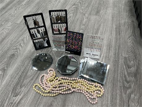 LOT OF NEW EARRINGS ON STANDS - SOME STERLING SILVER + PEARLS & MINI MIRRORS
