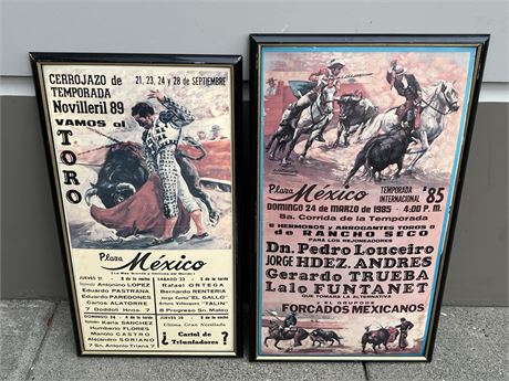 2 FRAMED MEXICAN BULL FIGHTING POSTERS (22”x38”)