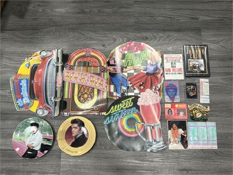 VINTAGE MUSIC RELATED COLLECTABLES - TICKETS, CUT OUTS, PLATES & ECT