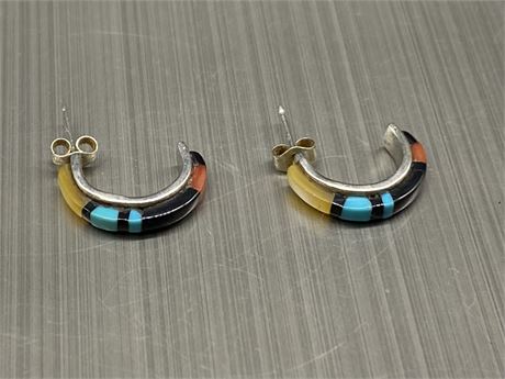 STERLING SILVER W/TURQUOISE, RED & BLACK CORAL MOTHER OF PEARL HOOP EARRINGS