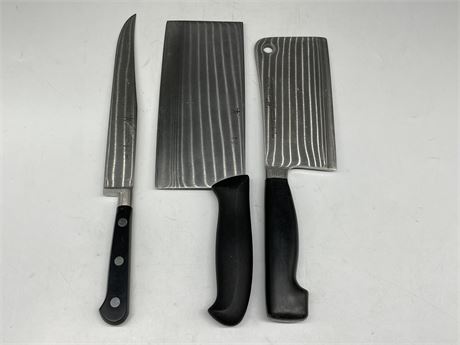 2 HENCKELS CLEAVERS & KNIFE (LONGEST IS 8”)